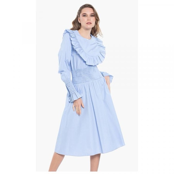 Tory Burch Smocked Cotton Midi Dress Ruffled Yoke Size 4 Blue - Picture 3 of 8